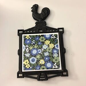 Vintage Cast Iron Rooster and floral tile Trivet from Japan